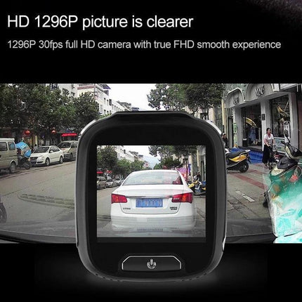 Compact Mini Car Dash Camera for Vehicle Recording and Monitoring showing 1080P feed of rear car on city street with 170-degree wide-angle view