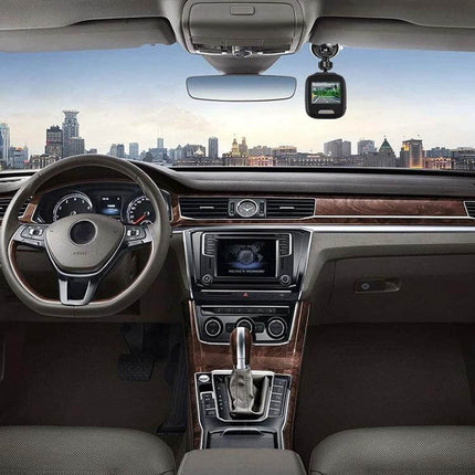 Compact Mini Car Dash Camera for Vehicle Recording and Monitoring mounted on windshield showing 1080P 170-degree wide-angle view of city road ahead