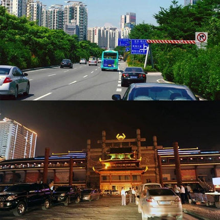 Compact Mini Car Dash Camera for Vehicle Recording and Monitoring capturing daytime highway and nighttime city parking scenes, 1080P 170° wide-angle view