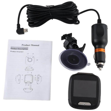 Compact Mini Car Dash Camera for Vehicle Recording and Monitoring with suction mount, car charger, long cable, manual and compact camera unit
