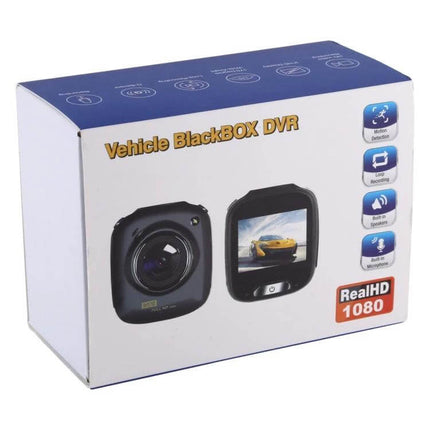 Compact Mini Car Dash Camera for Vehicle Recording and Monitoring in retail box showing camera, 1080P RealHD 170° wide-angle, compact design