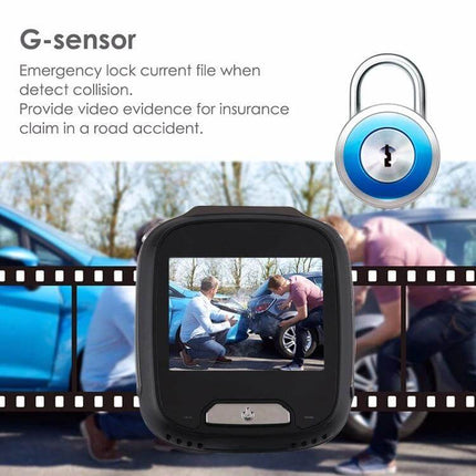 Compact Mini Car Dash Camera for Vehicle Recording and Monitoring showing G-sensor emergency lock and 1080P footage of a road accident