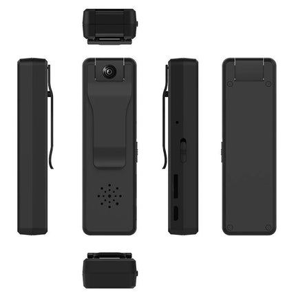 A Compact Pen Camera for Everyday Security Monitoring showing multi-angle black pen camera with clip, lens, speaker and hotspot-capable design