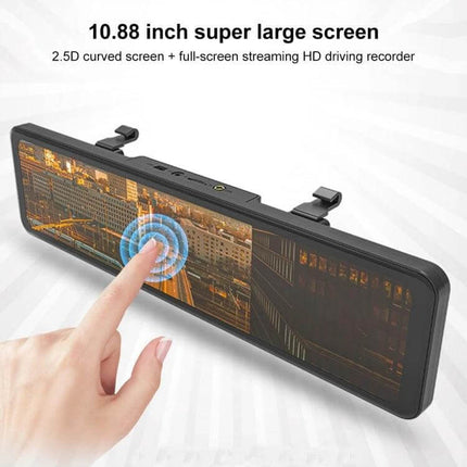 Anytek T300 Touch Screen Car Dash Camera with Large Display showing 10.88-inch touchscreen mounted on rearview mirror