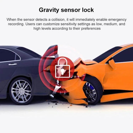 Anytek T300 Touch Screen Car Dash Camera with Large Display showing gravity sensor lock capturing front-end collision scene with emergency recording icon