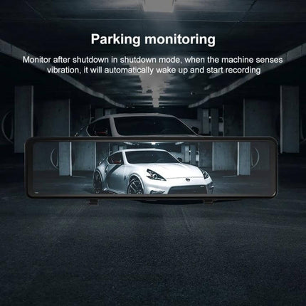 Anytek T300 Touch Screen Car Dash Camera with Large Display showing parking monitoring view of parked car on 10.88-inch screen, 170-degree wide-angle coverage