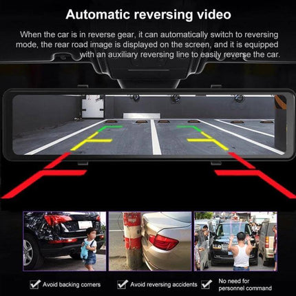 Anytek T300 Touch Screen Car Dash Camera with Large Display showing automatic reversing video and parking guidance on a 10.88-inch wide screen