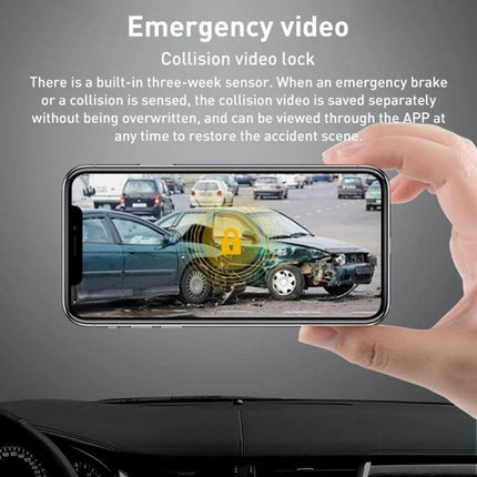 HD Night Vision WiFi Hidden Car Dash Cam for Safe Driving showing emergency collision video locked on mobile app during car crash review