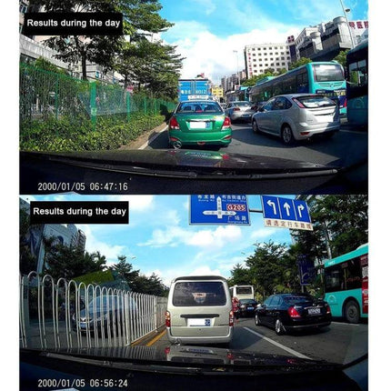 Car Camcorder with 2.4 Inch LCD Screen for Driving Recordings showing daytime traffic footage from windshield view