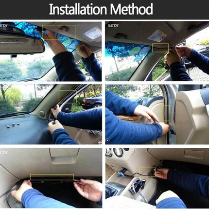 Car Camcorder with 2.4 Inch LCD Screen for Driving Recordings showing step-by-step installation inside a vehicle