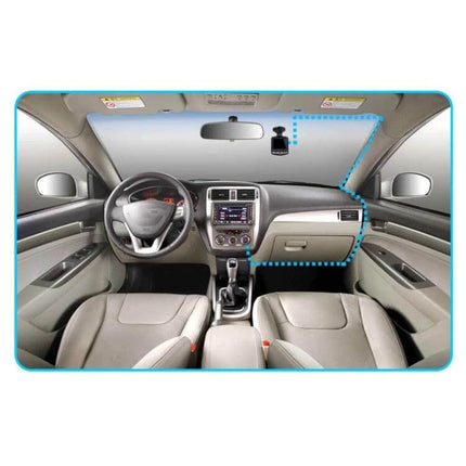 Car Camcorder with 2.4 Inch LCD Screen for Driving Recordings mounted on windshield capturing interior and road view for easy playback