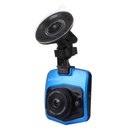 Car Camcorder with 2.4 Inch LCD Screen for Driving Recordings mounted with suction cup showing lens and compact blue DVR unit