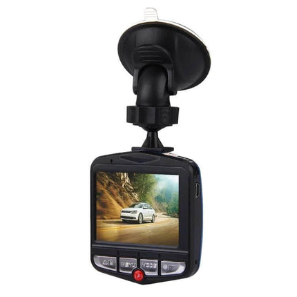 Car Camcorder with 2.4 Inch LCD Screen for Driving Recordings mounted on suction cup showing highway footage
