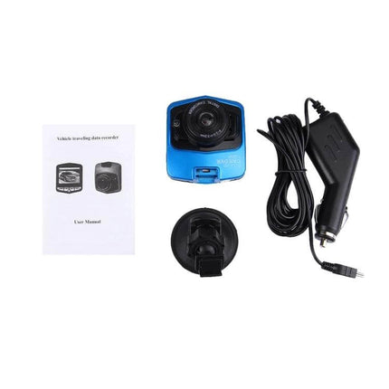 Car Camcorder with 2.4 Inch LCD Screen for Driving Recordings compact blue dash camera kit with charger, mount and user manual