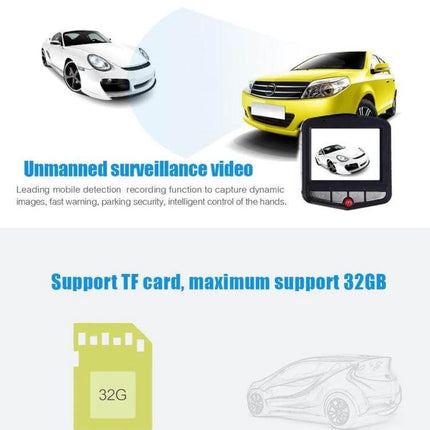 Car Camcorder with 2.4 Inch LCD Screen for Driving Recordings showing dashboard view, 32GB TF card support and example footage on screen