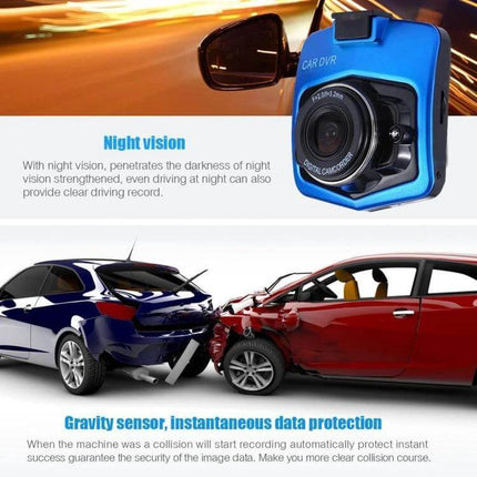 Car Camcorder with 2.4 Inch LCD Screen for Driving Recordings - blue dash camera showing night vision and collision recording features