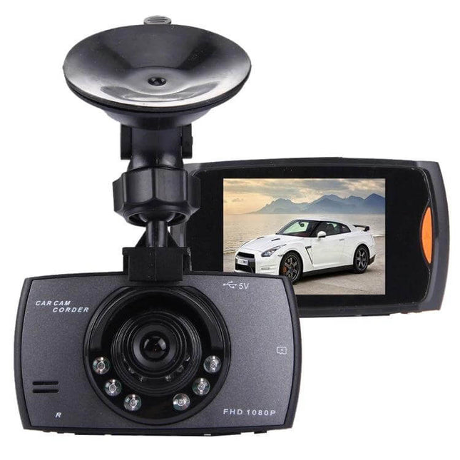 Car DVR Camera with 2.7 Inch LCD Screen for Easy Viewing shown mounted with 2.7-inch LCD playback displaying car and wide-angle lens