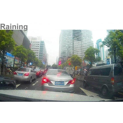 Car DVR Camera with 2.7 Inch LCD Screen for Easy Viewing showing rain city traffic footage from dashboard view