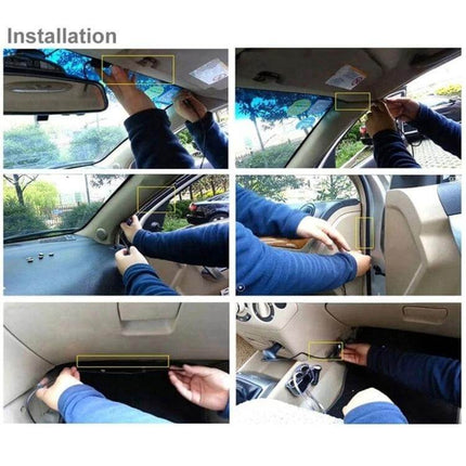 Car DVR Camera with 2.7 Inch LCD Screen for Easy Viewing showing step-by-step interior installation of dash camera wiring and mounting