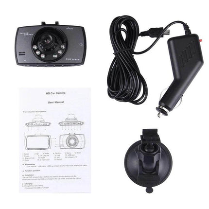 Car DVR Camera with 2.7 Inch LCD Screen for Easy Viewing shown with suction mount, car charger, cable and user manual