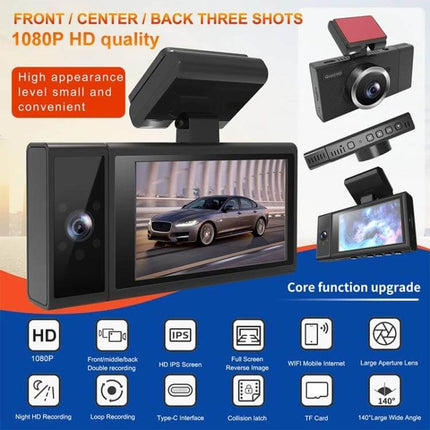 X12 WiFi-Enabled Triple Camera Car Dash Cam for Driving Recording - 1080P front center rear dash cam with WiFi smartphone viewing