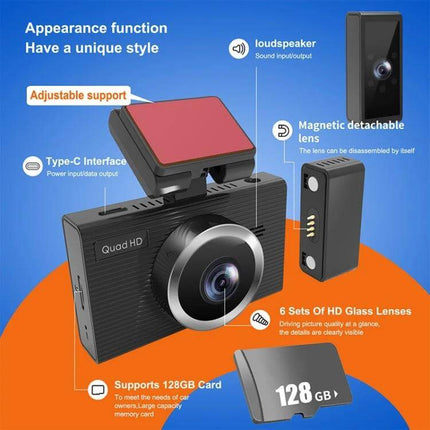 X12 WiFi-Enabled Triple Camera Car Dash Cam for Driving Recording showing triple-angle cameras, magnetic detachable lens, Type-C, 128GB support