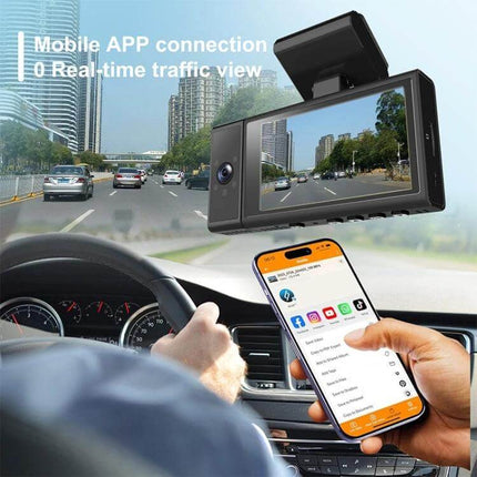 X12 WiFi-Enabled Triple Camera Car Dash Cam for Driving Recording mounted on windshield showing three-angle road view and smartphone WiFi app control