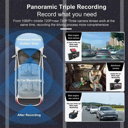 X12 WiFi-Enabled Triple Camera Car Dash Cam for Driving Recording showing panoramic triple-angle front, middle and rear recording with WiFi smartphone viewing