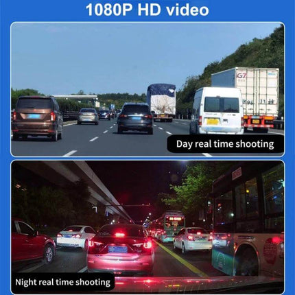 X12 WiFi-Enabled Triple Camera Car Dash Cam for Driving Recording showing daytime and nighttime road footage from three angles