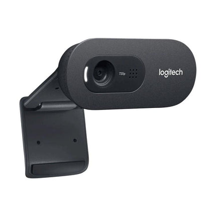 Logitech HD Webcam for Everyday Video Calls and Meetings showing black clip-on 720p webcam angled view