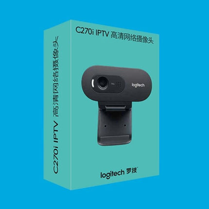 Logitech HD Webcam for Everyday Video Calls and Meetings - black Logitech C270-style webcam on teal box for clear video calls