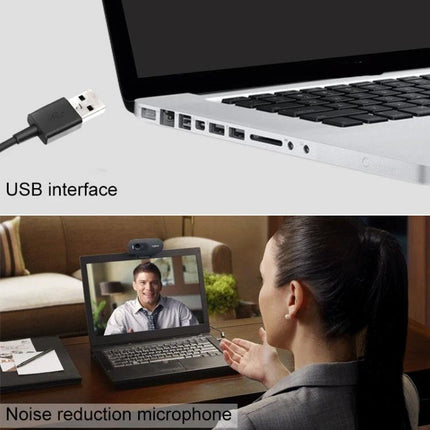 Logitech HD Webcam for Everyday Video Calls and Meetings showing USB interface and noise reduction microphone in use
