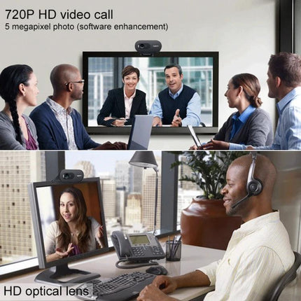 Logitech HD Webcam for Everyday Video Calls and Meetings showing remote team video conference and solo workstation setup with clear 720p HD image