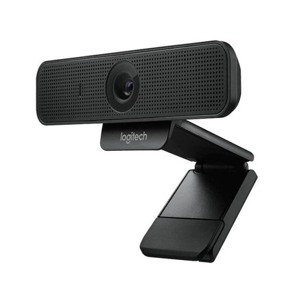 Logitech HD Webcam for Video Calls with Privacy Cover mounted on monitor, 1080p autofocus and privacy shutter