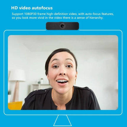 Logitech HD Webcam for Video Calls with Privacy Cover showing woman in 1080p autofocus video call with privacy cover on webcam
