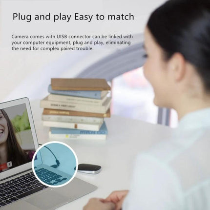 Logitech HD Webcam for Video Calls with Privacy Cover showing plug-and-play USB setup on laptop for clear 1080p video calls and privacy cover