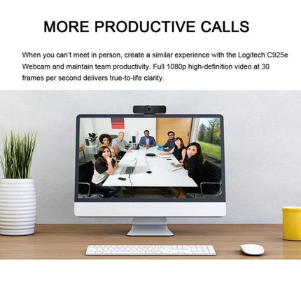 Logitech HD Webcam for Video Calls with Privacy Cover mounted on monitor showing a clear group video conference, 1080p autofocus and RightLight 2 visibility