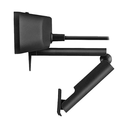 Logitech HD Webcam for Video Calls with Privacy Cover black angled side view with adjustable clip and cable