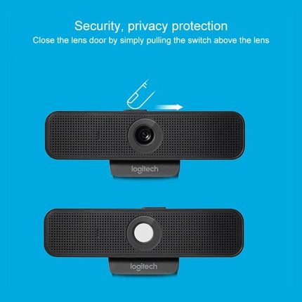 Logitech HD Webcam for Video Calls with Privacy Cover showing lens cover closed and open, 1080p webcam with privacy shutter for secure video calls