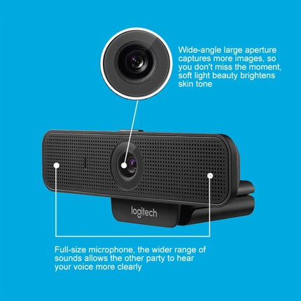 Logitech HD Webcam for Video Calls with Privacy Cover showing front camera, microphone and wide-angle lens on blue background