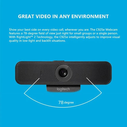 Logitech HD Webcam for Video Calls with Privacy Cover showing front camera, 78-degree field of view and RightLight 2 for low-light