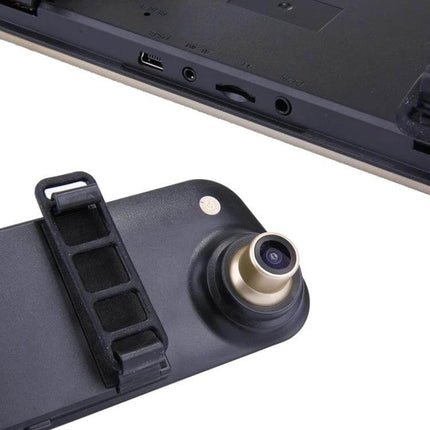 Dual Camera Rearview Mirror Dash Cam with Night Vision for Cars showing close-up of rearview mirror-mounted camera lens and mounting strap