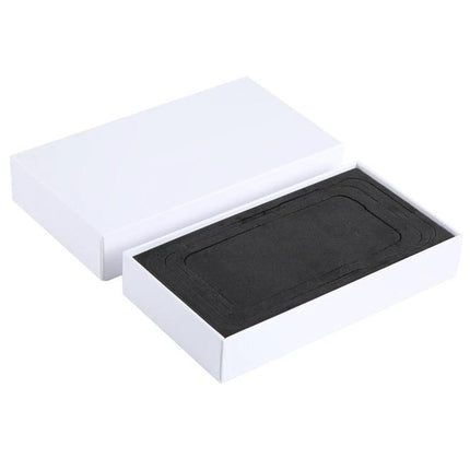 Mobile Phone Packaging Box with Eject Pin, 183 x 100 x 35mm - White paper box with black foam insert for secure phone shipping and handling