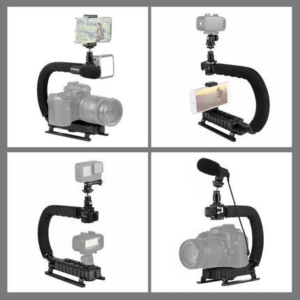 PULUZ Handheld Stabilizer Kit for Steady Video Recording with Microphone showing U/C‑shaped grip, mount, and compact stereo mic for DSLR and smartphone vlogging
