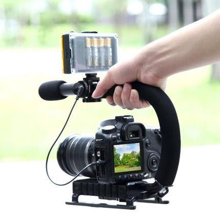 PULUZ Handheld Stabilizer Kit for Steady Video Recording with Microphone showing DSLR, U-shaped handle and mounted stereo microphone for vlogging