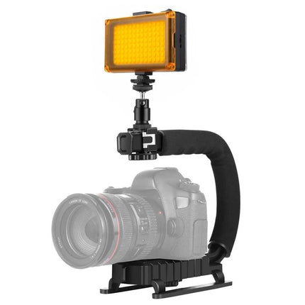 PULUZ Handheld Camera Stabilizer with Portable LED Light Kit mounted with foam handle and LED panel for smooth,vlog-ready handheld shooting
