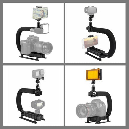 PULUZ Handheld Camera Stabilizer with Portable LED Light Kit shown with DSLR, smartphone and LED light for steady vlog and low-light shooting