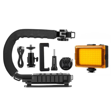 PULUZ Handheld Camera Stabilizer with Portable LED Light Kit shown with C-shaped handle, orange LED panel and mounting accessories for vlogging
