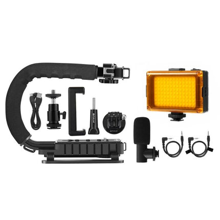 Portable Handheld Camera Stabilizer Kit with LED Light and Mic shown with C-shaped stabilizer, LED panel, external mic and mounting accessories