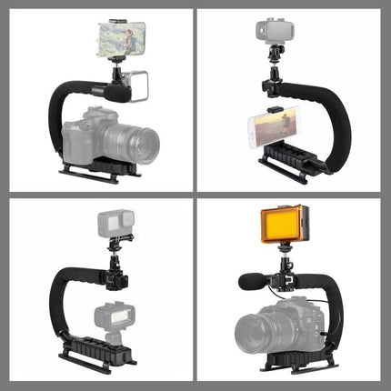 Portable Handheld Camera Stabilizer Kit with LED Light and Mic shown mounted with smartphone, DSLR, LED light, and external microphone for vlogging